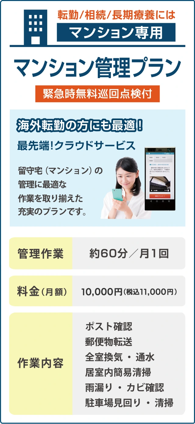 【転勤／相続／長期療養には「マンション専用」マンション管理プラン】留守宅（マンション）の管理に最適な作業を取り揃えた充実のプランです。